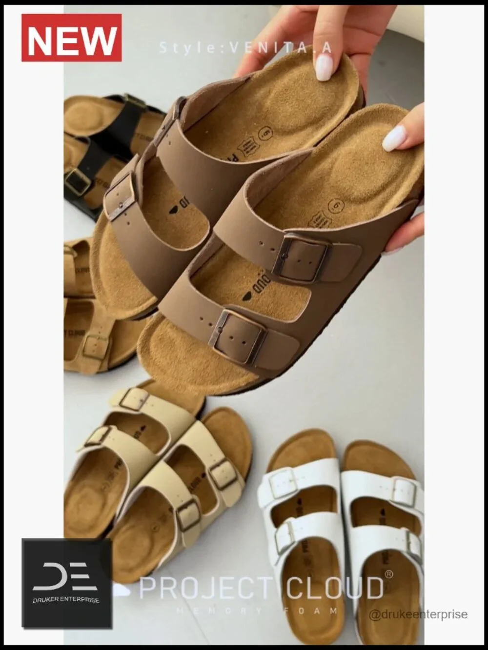 Genuine Leather Slide Sandals with Memory Foam Cork Footbed Arch Support